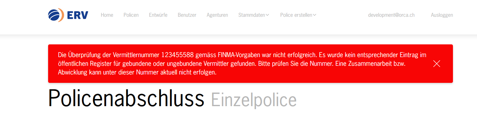Errormeldung bei fehlerhafter FINMA/VBV Referenz